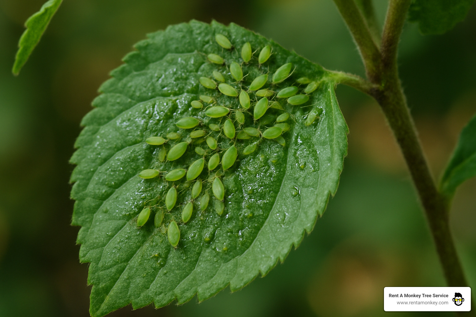 Close-up photograph of aphid cluster on tree leaf showing the small green insects and associated honeydew damage - tree care tips