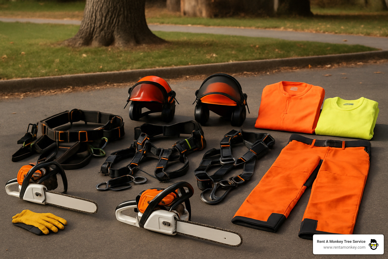 Professional tree removal safety equipment including harnesses, helmets, chainsaws, and protective gear laid out for inspection - tree removal salt lake city