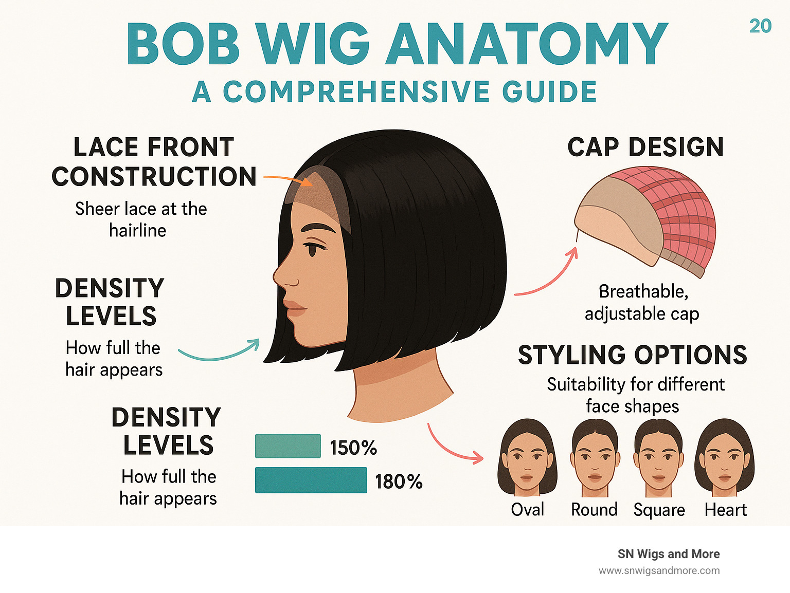 Comprehensive guide showing bob wig anatomy with labeled parts including lace front construction, cap design, density levels, and styling options for different face shapes - bob peruvian wig infographic 