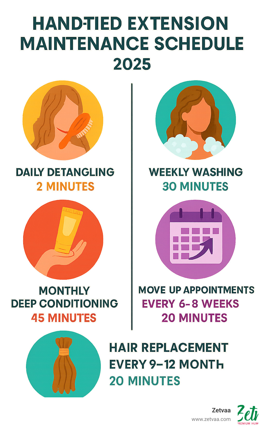 Infographic showing hand tied extension maintenance schedule: daily detangling 2 minutes, weekly washing 30 minutes, monthly deep conditioning 45 minutes, move-up appointments every 6-8 weeks 20 minutes, hair replacement every 9-12 months - buy hand tied extensions infographic 