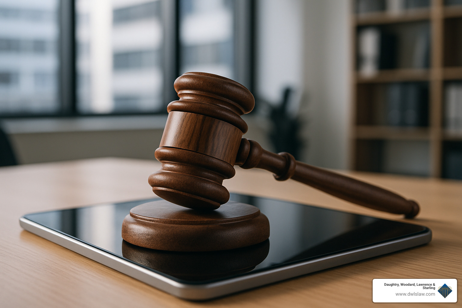 gavel on tablet representing digital legal technology - business law attorneys