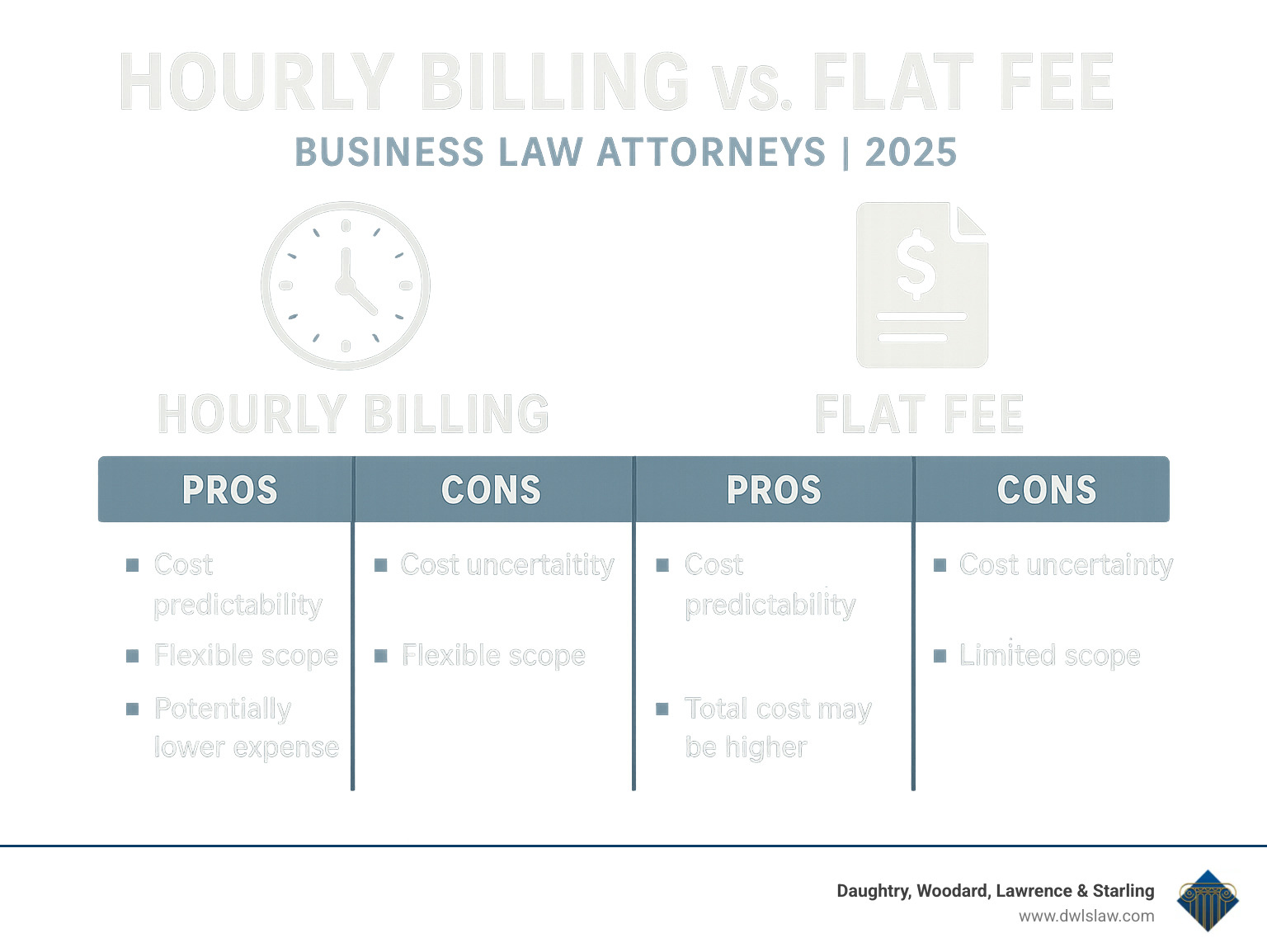Infographic comparing hourly billing versus flat fee arrangements, showing pros and cons of each approach including cost predictability, scope flexibility, and total expense considerations - business law attorneys infographic 