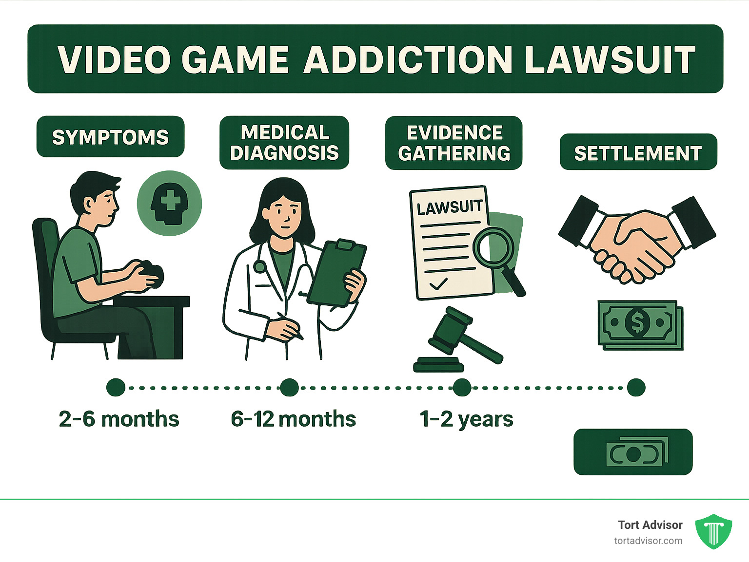 Infographic showing video game addiction lawsuit process from initial symptoms through medical diagnosis, evidence gathering, legal filing, and potential settlement outcomes with timeline estimates - video game addiction lawsuit legit infographic 