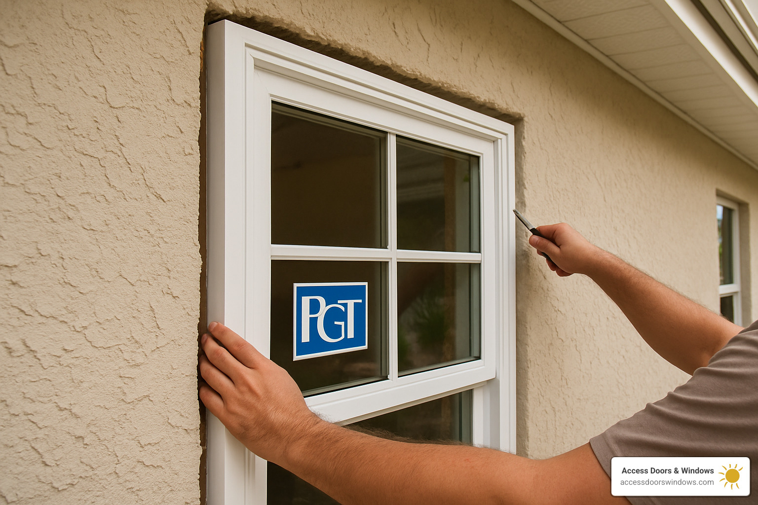 PGT window being installed in stucco wall showing box frame method without flange - pgt window installation guide