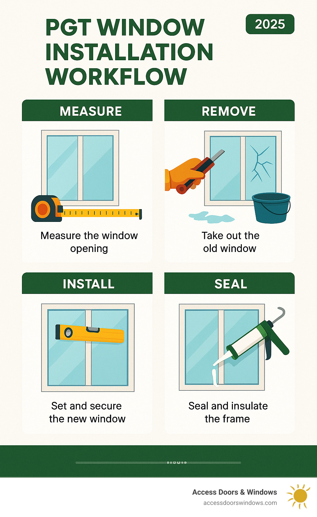 Detailed PGT window installation workflow showing measurement, removal, installation, and sealing steps with tools and materials needed for each phase - pgt window installation guide infographic 