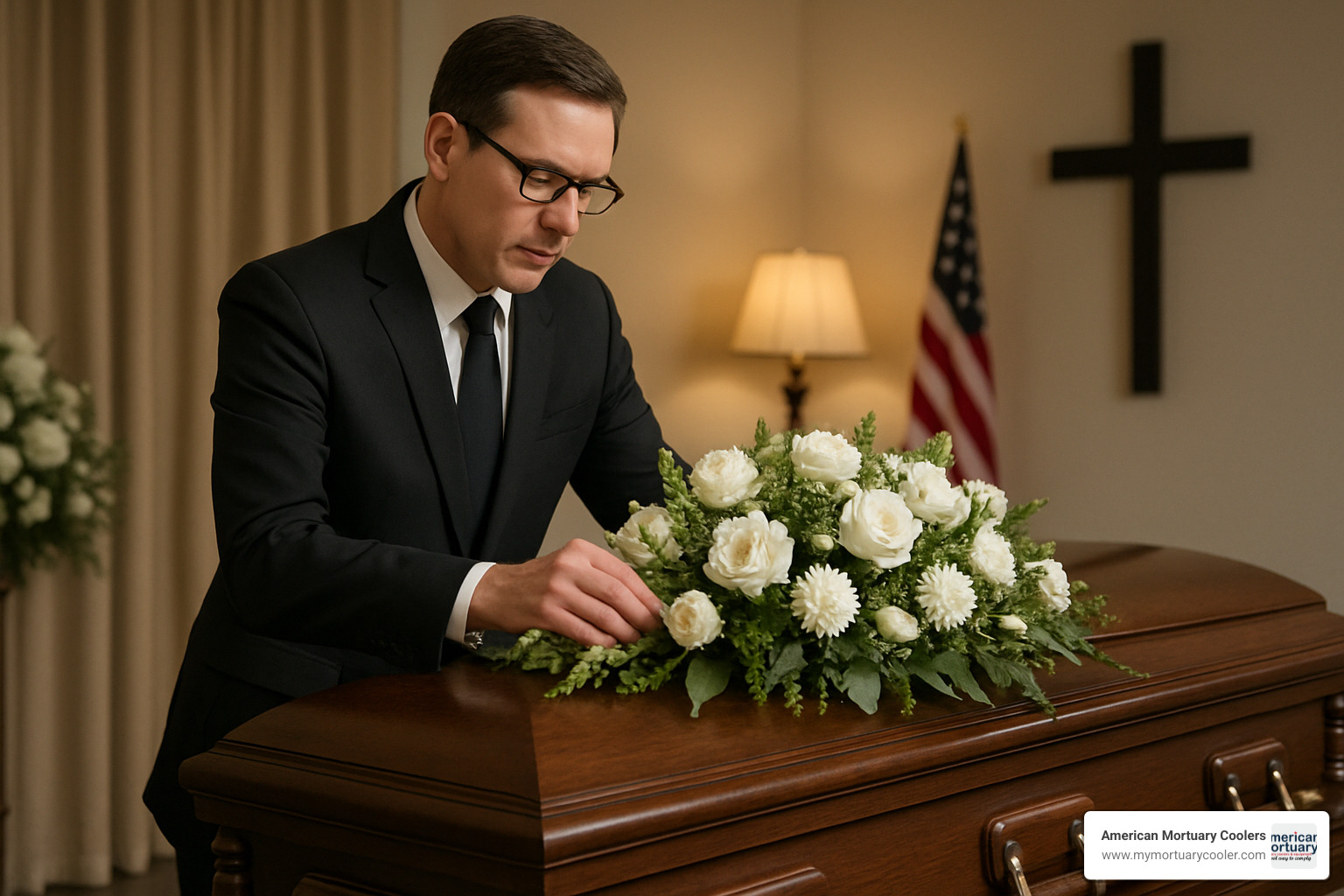 funeral director arranging flowers - mortuary-science-