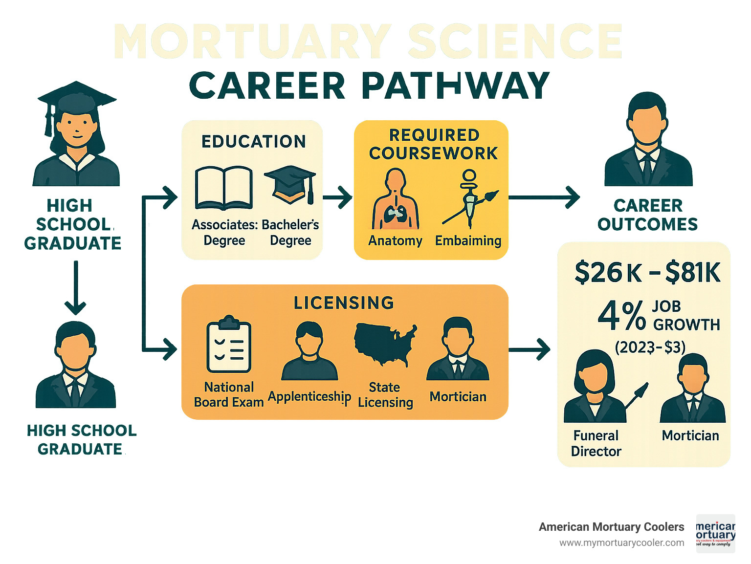 Comprehensive infographic showing the mortuary science career pathway from high school graduation through education options (associate/bachelor degree programs), required coursework (anatomy, embalming, business management), licensing steps (National Board Exam, apprenticeship, state licensing), and career outcomes (funeral director, embalmer, mortician roles) with salary ranges and job growth statistics - mortuary-science- infographic 