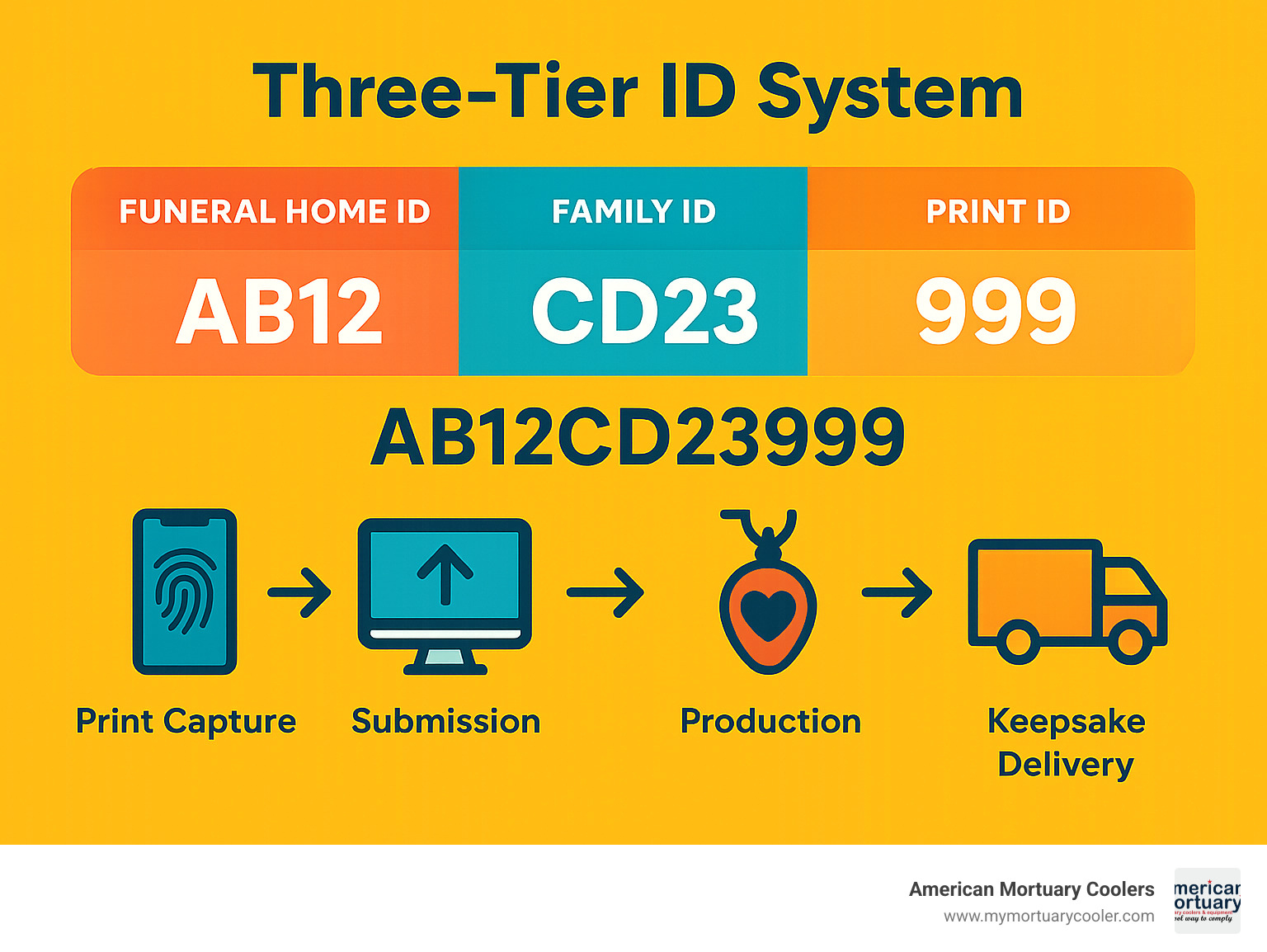 Detailed infographic showing the three-tier ID system: Funeral Home ID (4 alphanumeric characters), Family ID (4 alphanumeric characters), and Print ID (3 characters), with example format AB12CD23999, plus workflow from print capture through keepsake delivery - crecent memorial infographic 