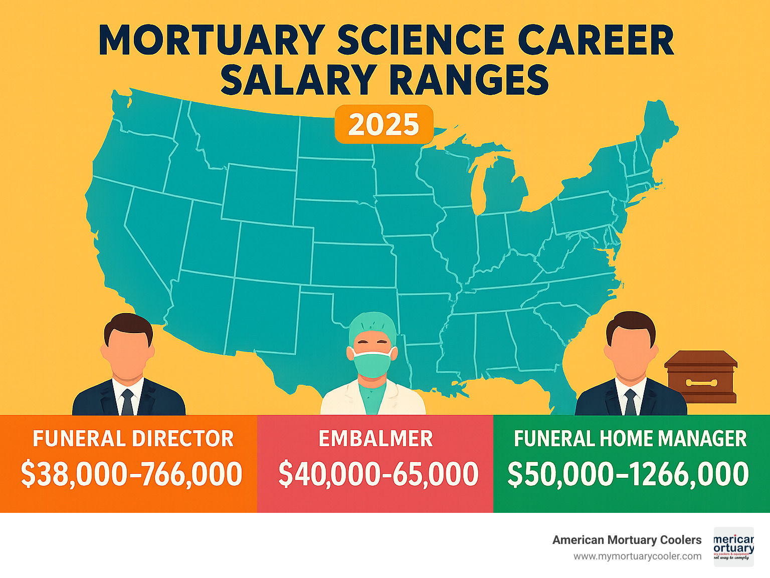 Infographic showing mortuary science career salary ranges by state and job title, including funeral director ($38,000-$76,000), embalmer ($40,000-$65,000), and funeral home manager ($50,000-$126,000) - mortuary-science infographic 