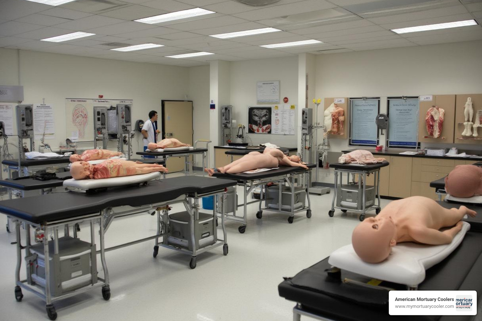 Modern mortuary science classroom with anatomical models and embalming equipment - mortuary-science
