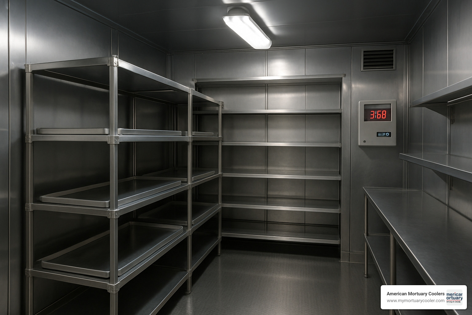 Modern morgue cooler interior showing stainless steel construction and temperature monitoring system - morgue-coolers-