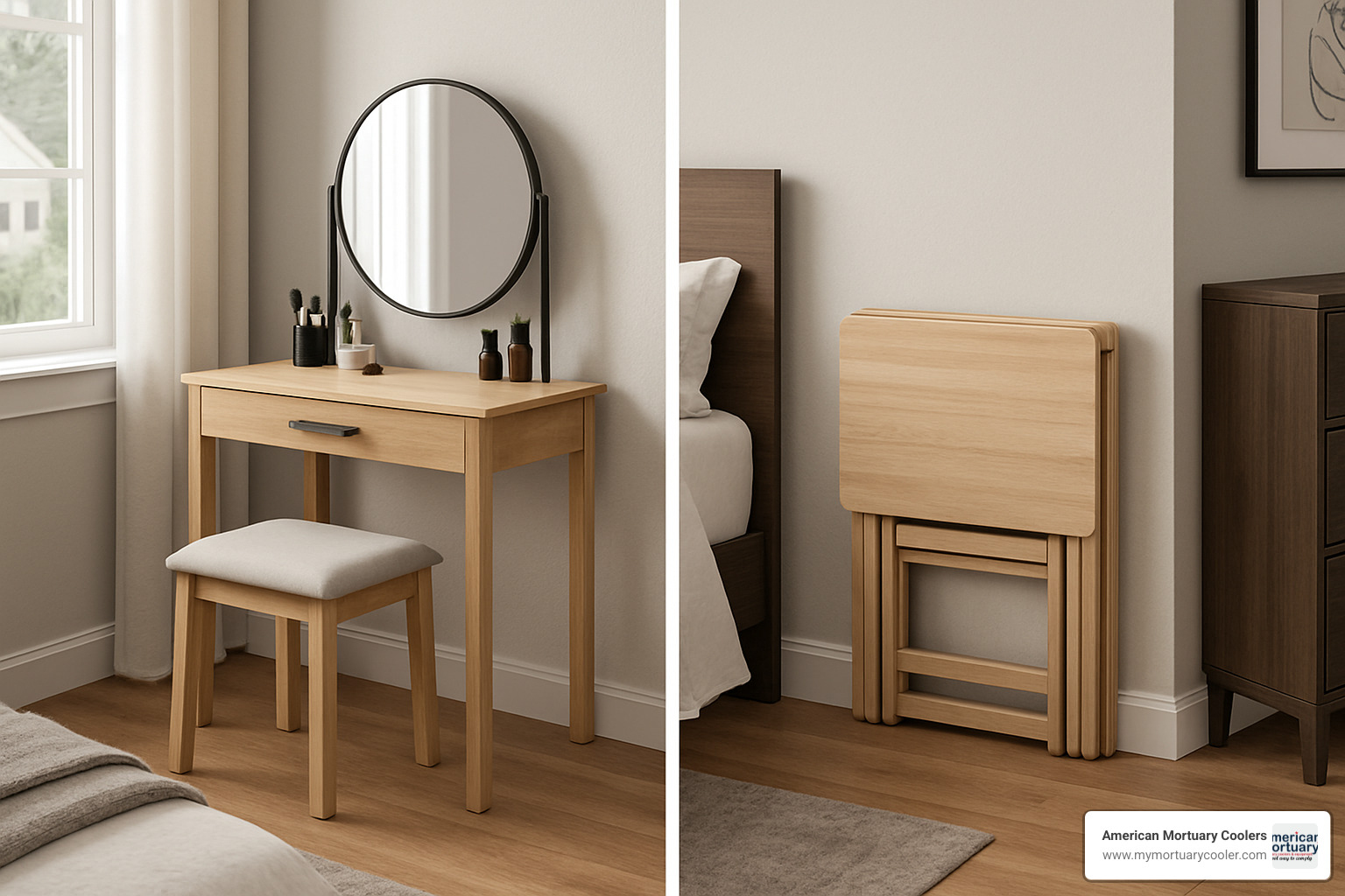 Comparison showing a dressing table in both unfolded working position and folded storage position - collapsible dressing table