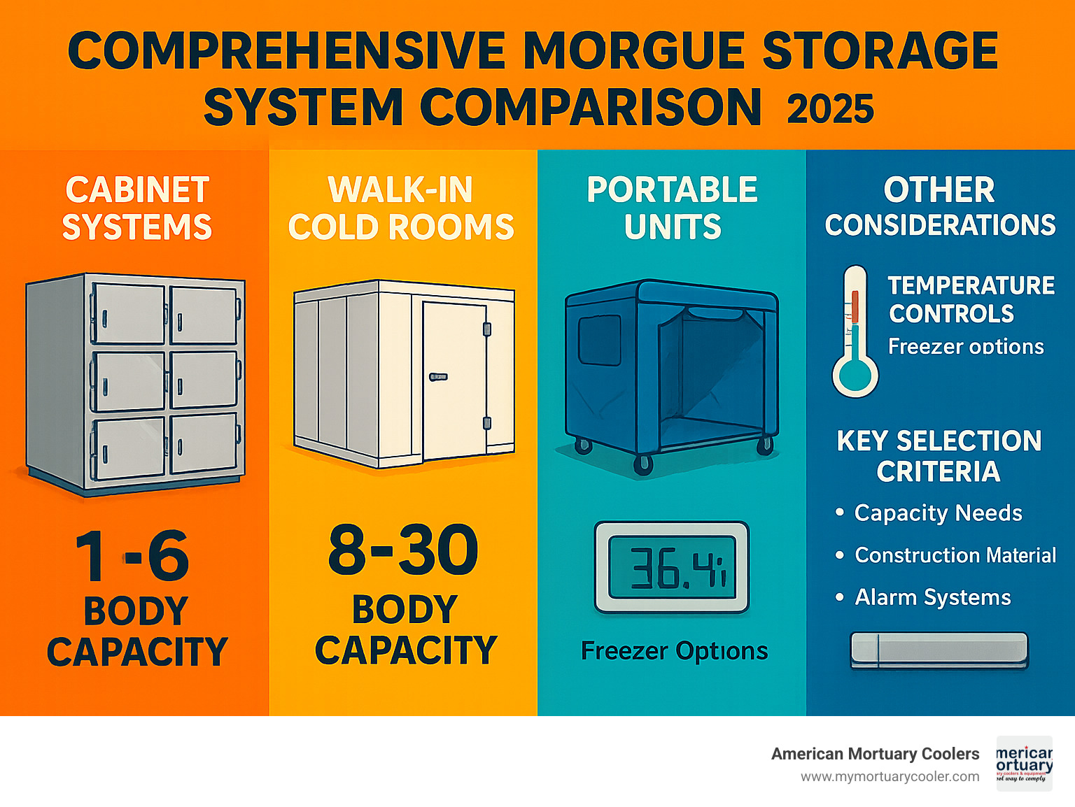 Comprehensive morgue storage system comparison showing cabinet types, walk-in cold rooms, portable units, capacity ranges from 1-30 bodies, temperature controls, and key selection criteria for funeral homes - morgue-storage- infographic 