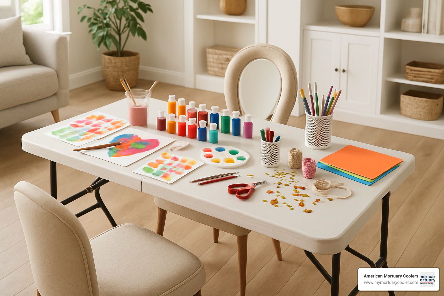 Collapsible vanity table being used as a craft workstation with art supplies and projects spread across the surface - collapsible dressing table