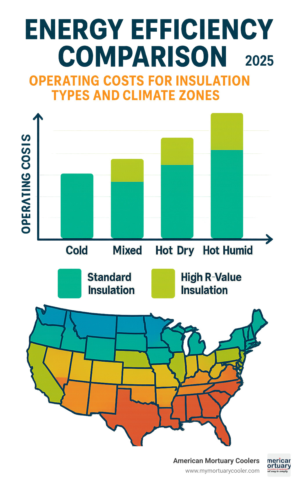Energy efficiency comparison chart showing operating costs for different insulation types and climate zones - morgue-coolers- infographic 