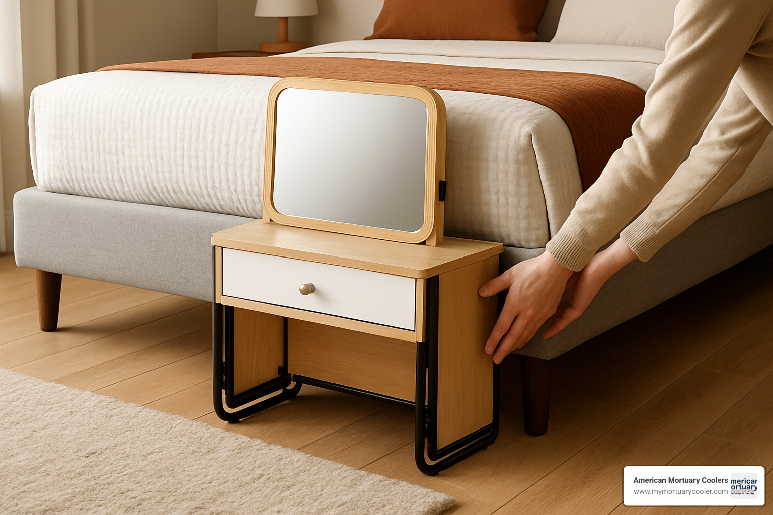 Folded collapsible dressing table sliding neatly under a bed, demonstrating space-saving storage capability - collapsible dressing table