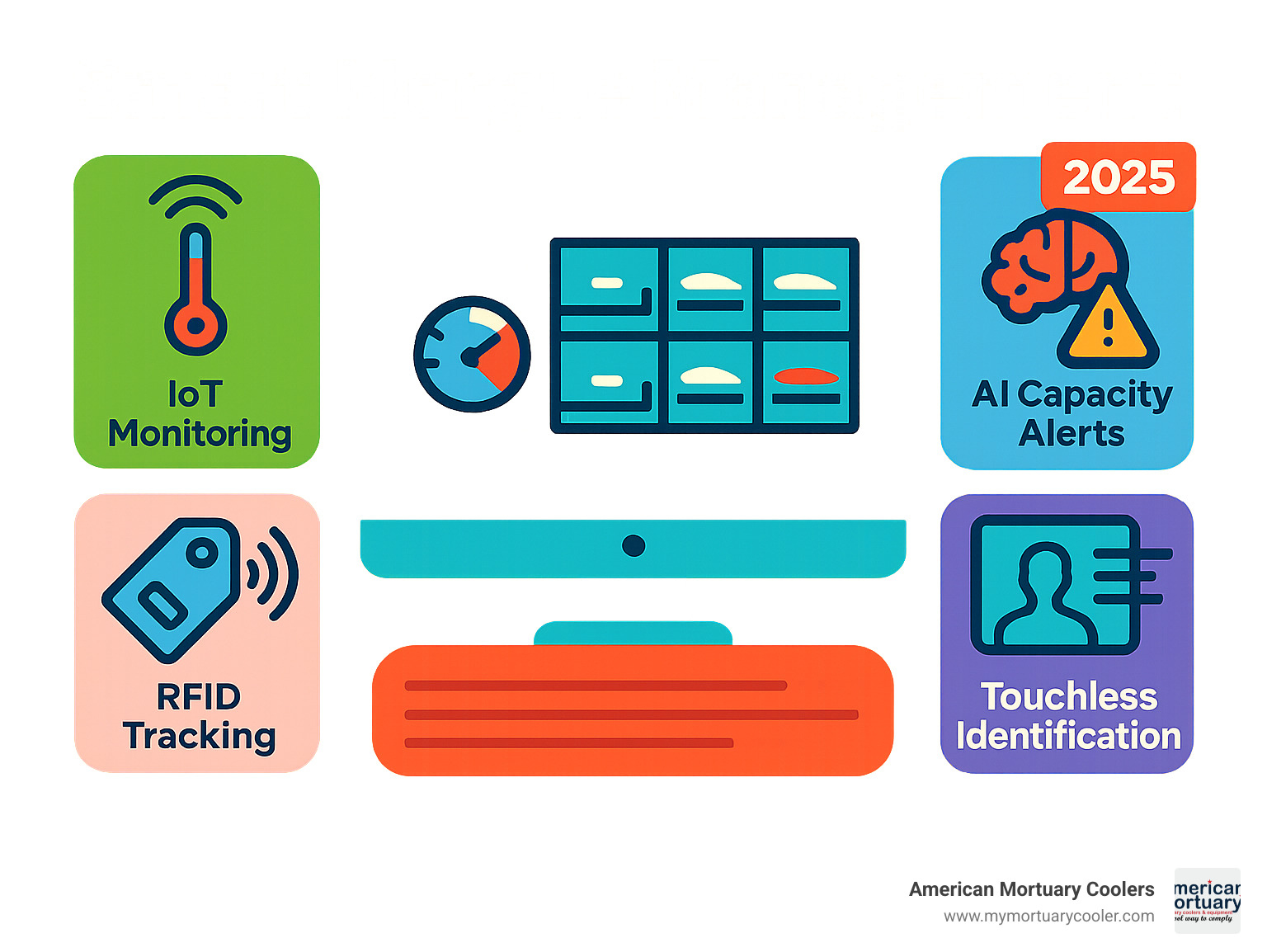 Smart morgue management dashboard showing IoT monitoring, RFID tracking, AI capacity alerts, and touchless identification systems - morgue-storage- infographic 