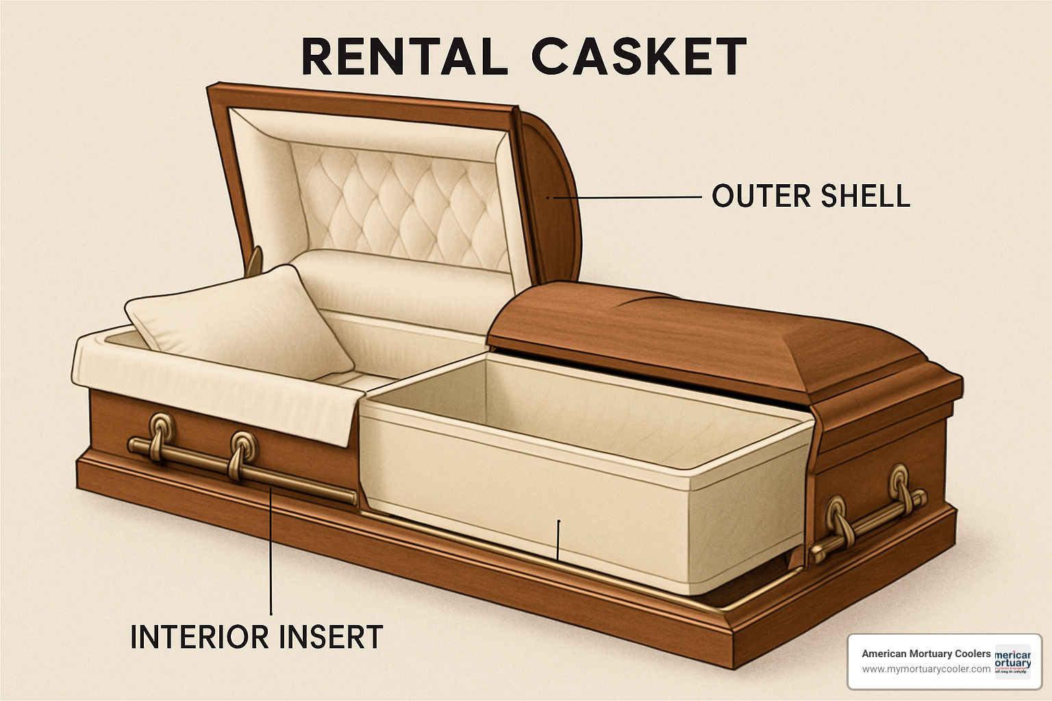 casket cut-away diagram showing outer shell and removable interior insert - rental caskets