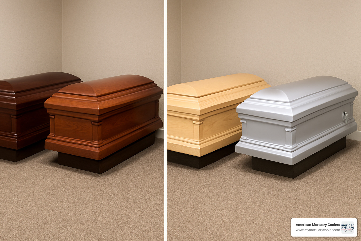 side-by-side comparison of different casket finishes including mahogany, cherry, maple, and metal options - rental caskets