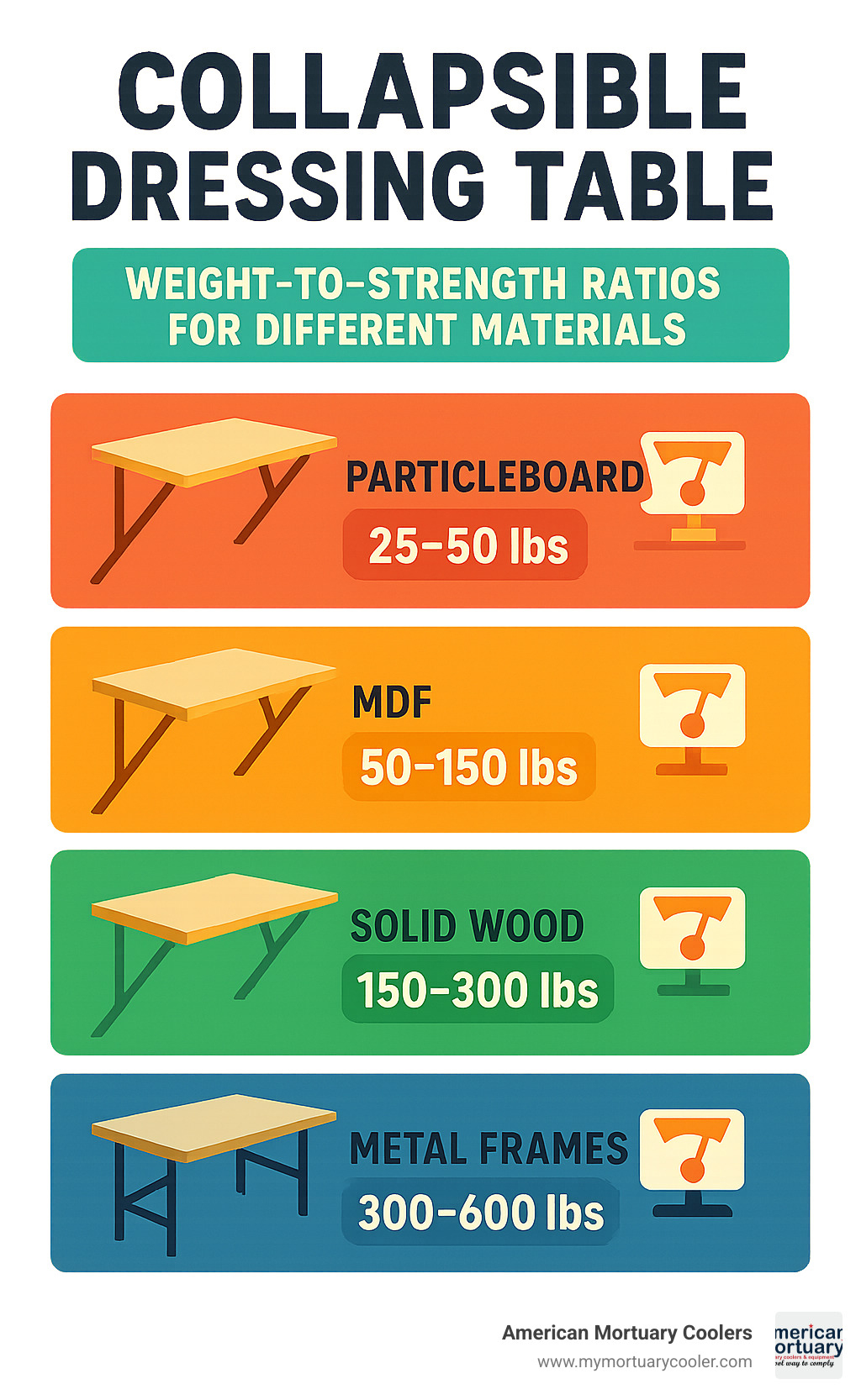 Infographic showing weight-to-strength ratios for different collapsible dressing table materials, with load capacity ranges from 25 lbs for basic models to 600 lbs for heavy-duty versions - collapsible dressing table infographic 