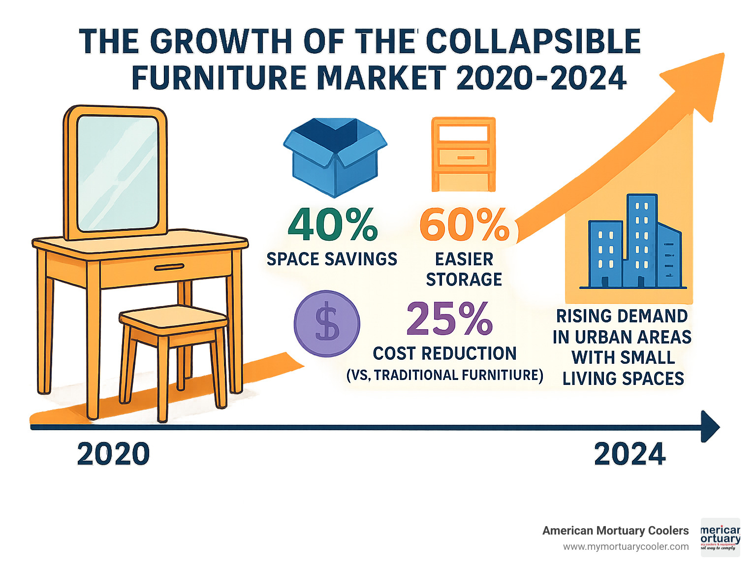 Infographic showing the growth of collapsible furniture market from 2020-2024, highlighting key benefits: 40% space savings, 60% easier storage, 25% cost reduction compared to traditional furniture, and rising demand in urban areas with small living spaces - collapsible dressing table infographic 