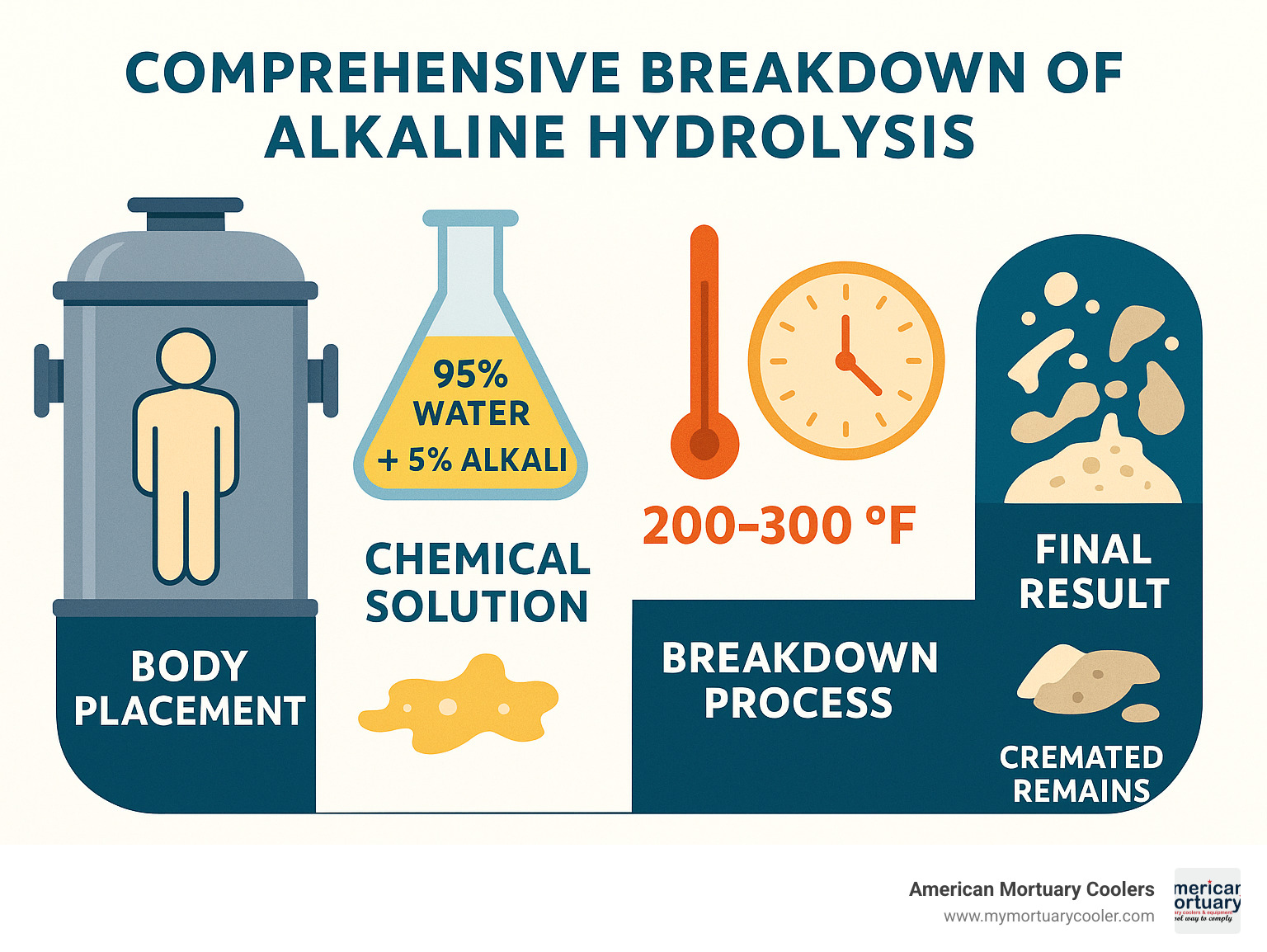 Comprehensive breakdown of alkaline hydrolysis showing body placement in steel vessel, chemical solution mixture of 95% water and 5% alkali, heating to 200-300°F, 4-16 hour processing time, resulting in sterile liquid effluent and bone fragments that become cremated remains - flameless cremation process infographic 