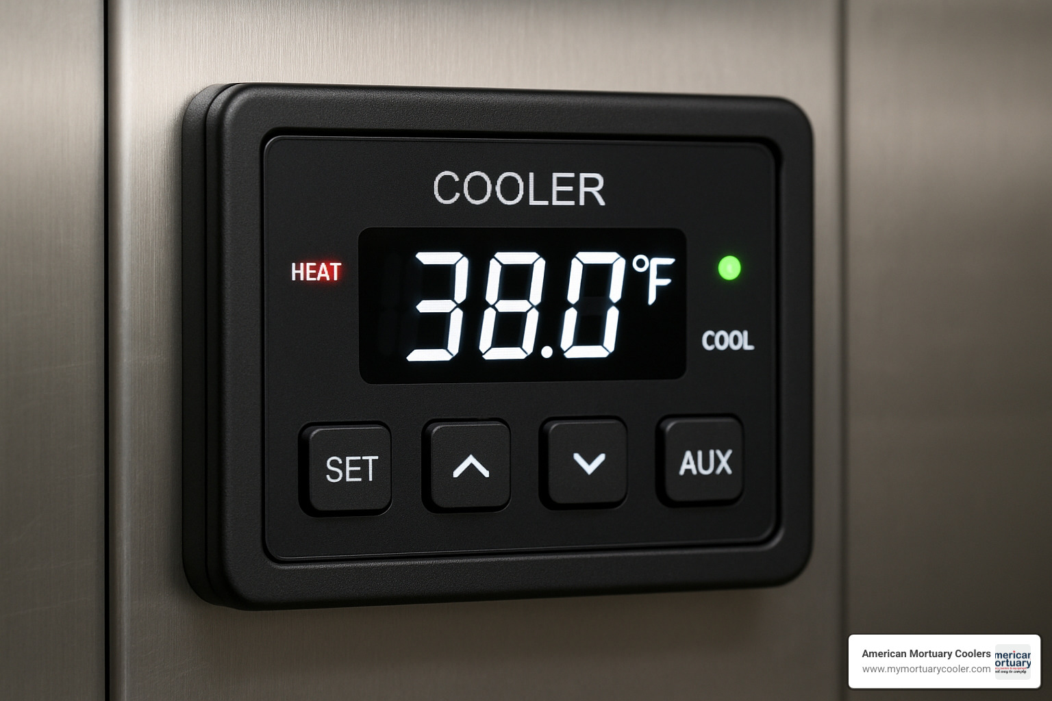 digital thermostat display showing precise temperature control and monitoring features - Funeral home cooler