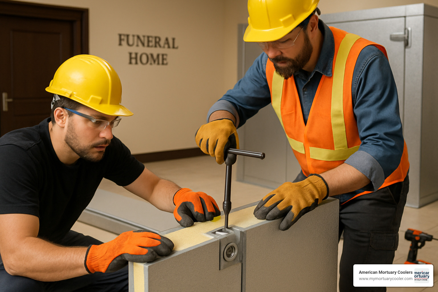 on-site panel assembly showing cam-lock system and installation process - Funeral home cooler