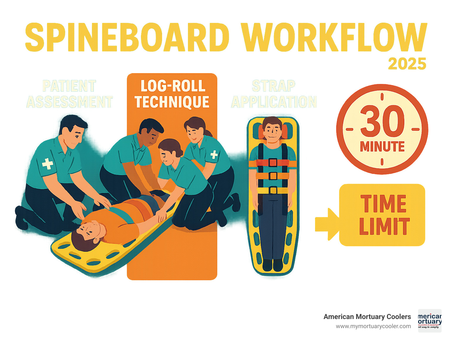 Comprehensive spineboard workflow showing patient assessment, log-roll technique, strap application sequence from torso to head, and 30-minute time limit for safe immobilization - spineboard infographic 