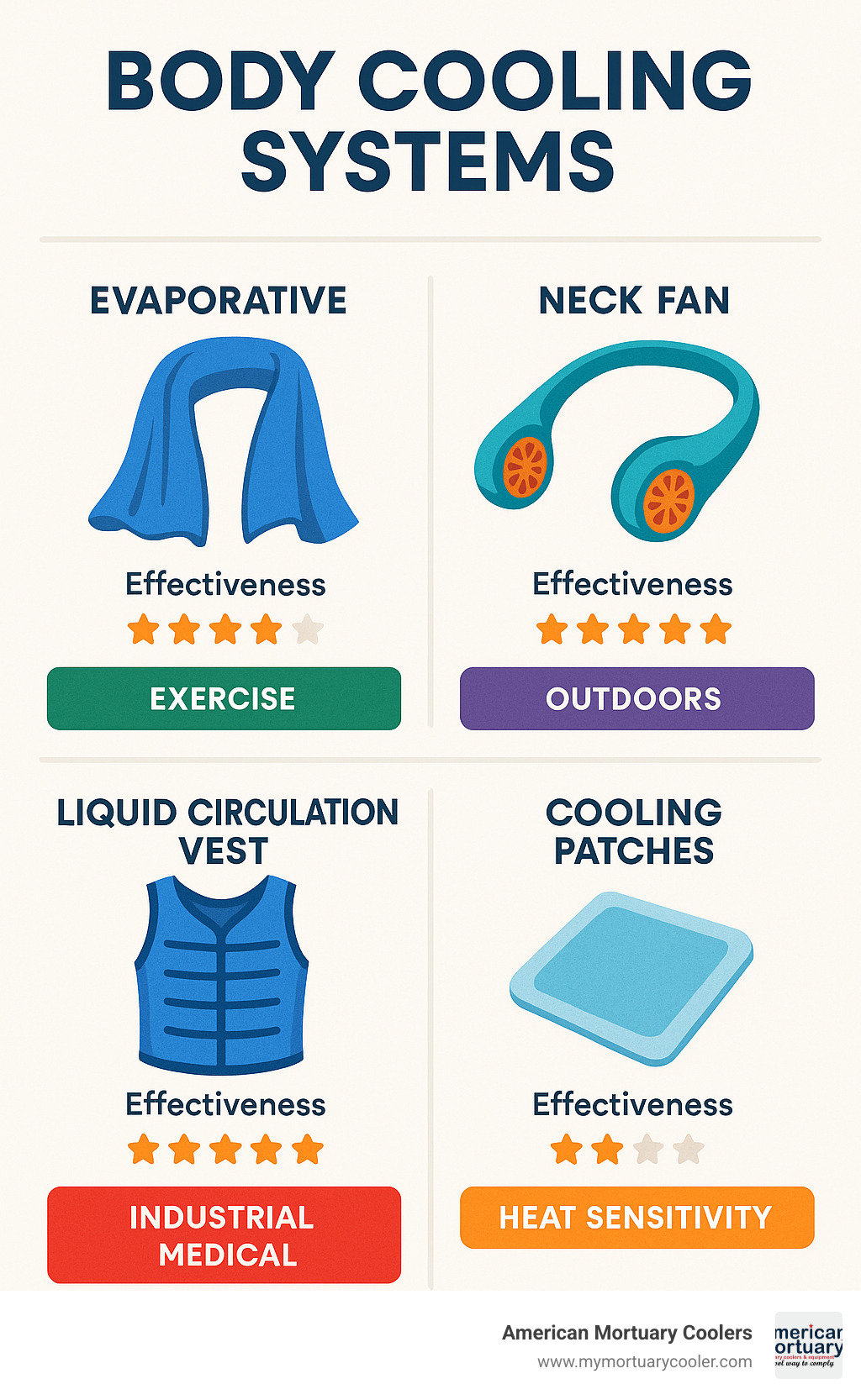Comprehensive infographic showing types of body cooling systems including evaporative cooling towels, neck fans, liquid circulation vests, and cooling patches with effectiveness ratings and typical use cases for each type - body cooling system infographic 