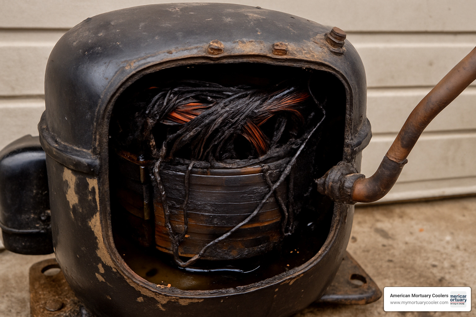 damaged compressor with burnt windings and oil contamination - walk in cooler compressors