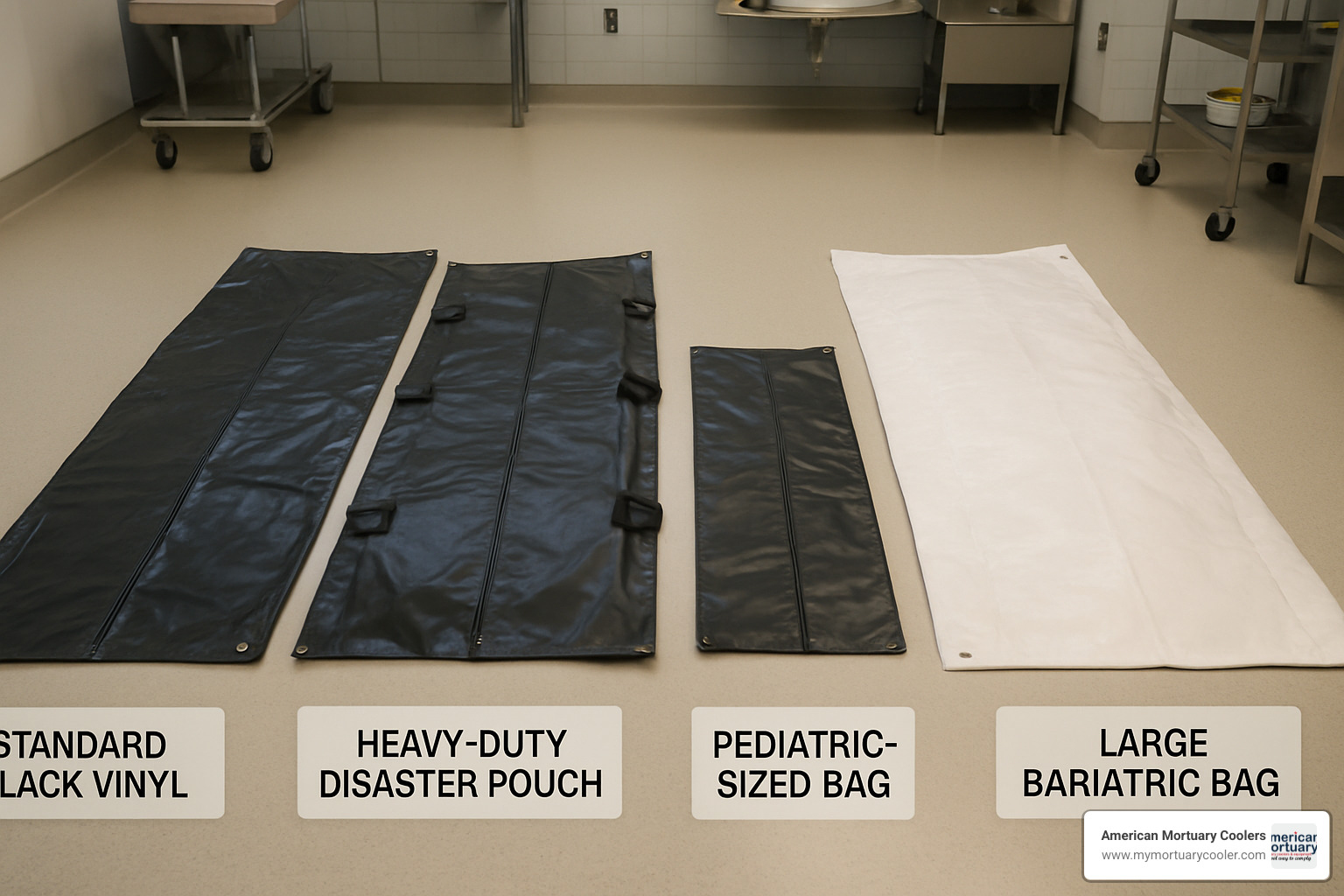 various types of body bags including standard, heavy-duty, pediatric, and disaster pouches - body-bag-supplier-