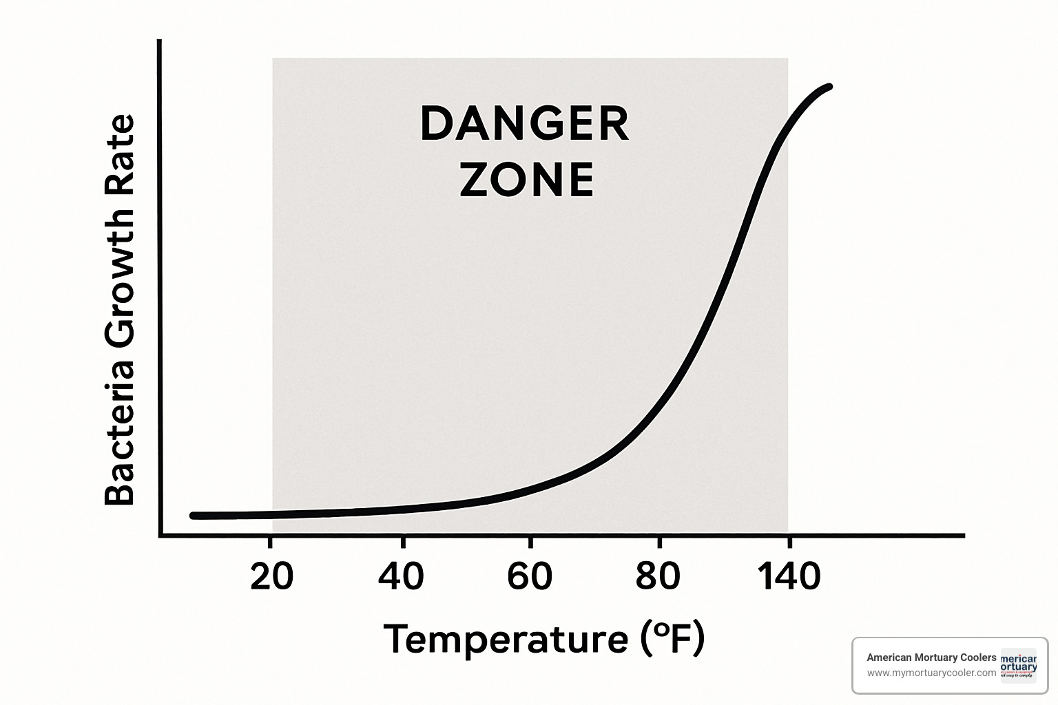 Bacteria growth curve showing exponential increase above 40°F - walk in freezer temp