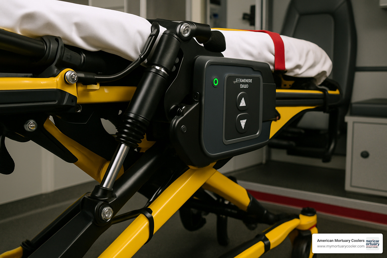 Close-up view of a powered lift system on an EMS stretcher showing hydraulic mechanisms and control panels - Ems-stretcher