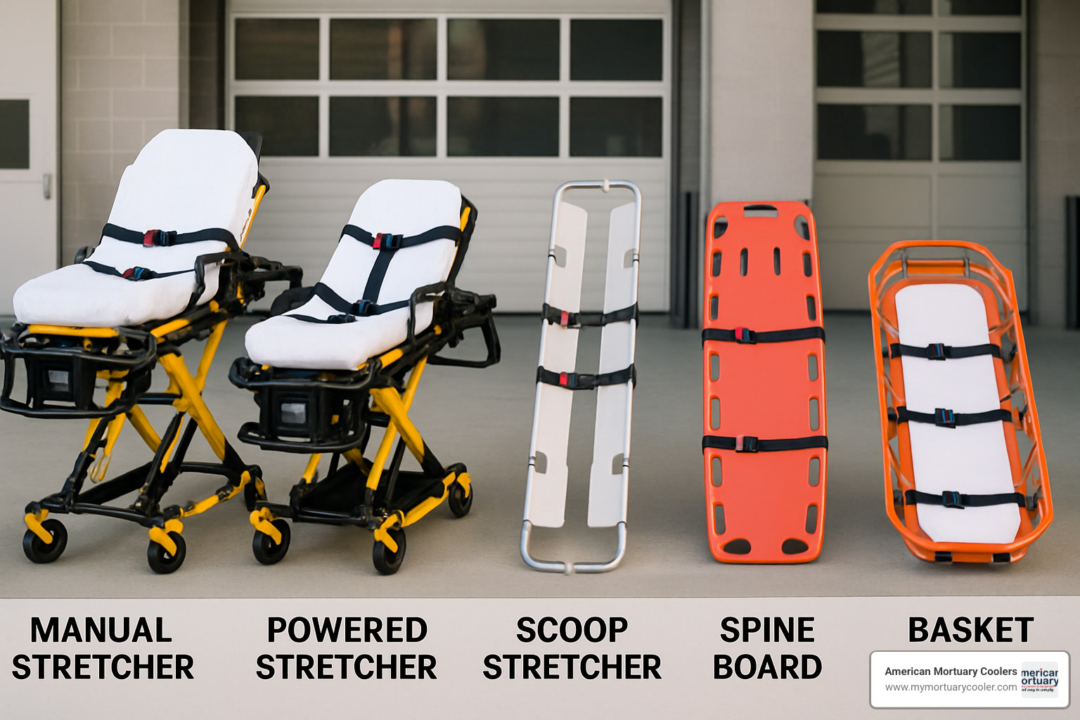Lineup showing different types of EMS stretchers including manual, powered, scoop, spine board, and basket stretchers - Ems-stretcher