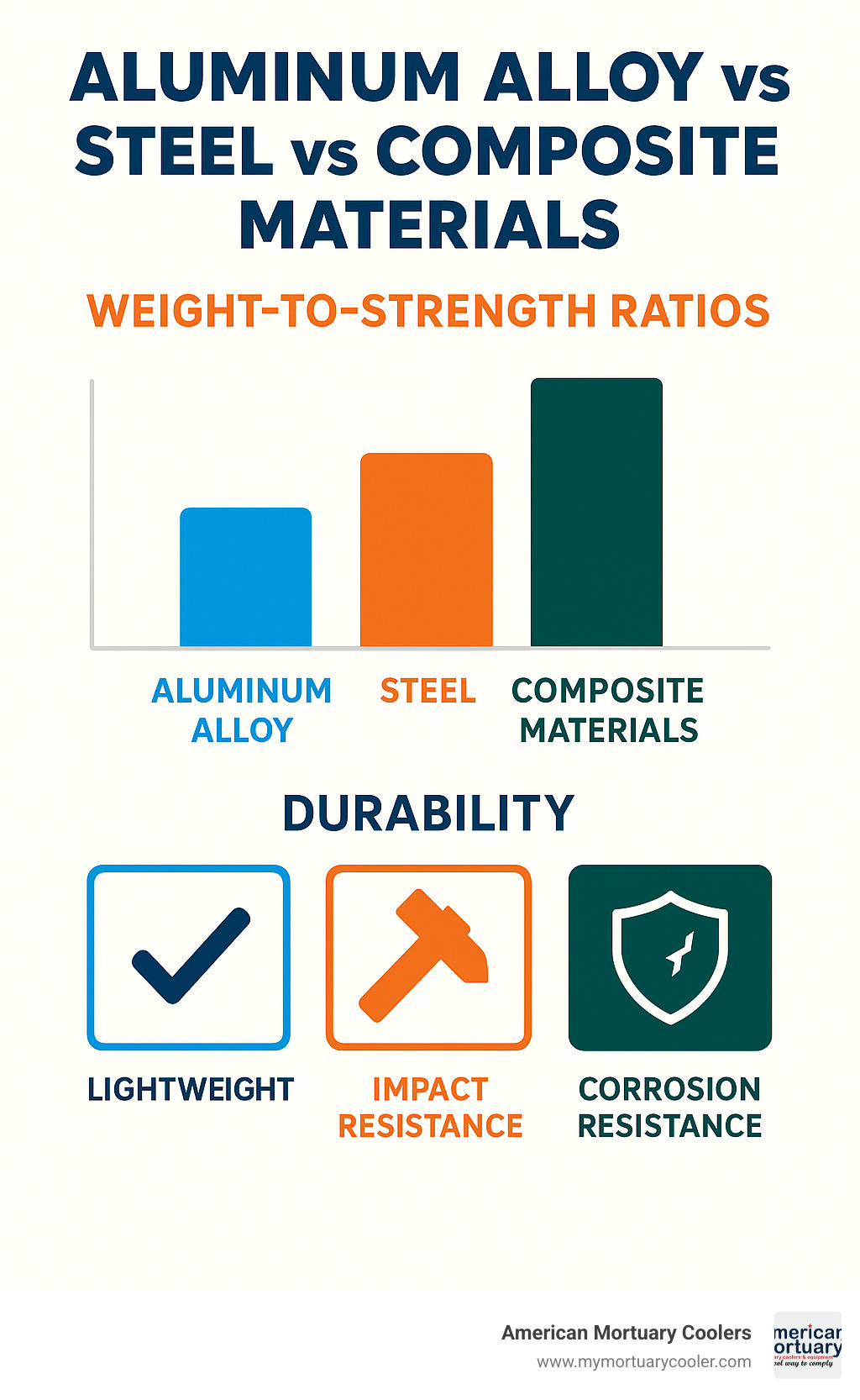 Infographic comparing material properties: aluminum alloy vs steel vs composite materials, showing weight-to-strength ratios and durability characteristics - Ems-stretcher infographic 