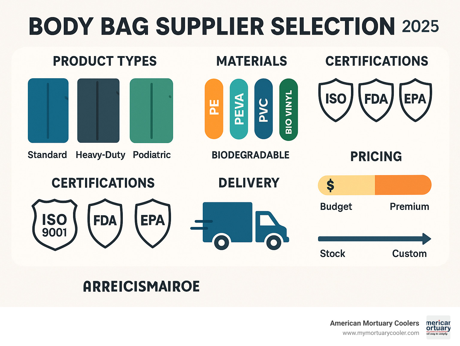 Comprehensive infographic showing body bag supplier selection criteria including product types (standard, heavy-duty, pediatric, disaster pouches), key materials (PE, PEVA, PVC, vinyl, biodegradable), essential certifications (ISO 9001, FDA, EPA), pricing ranges from budget to premium options, and delivery timelines from stock to custom orders - body-bag-supplier- infographic 