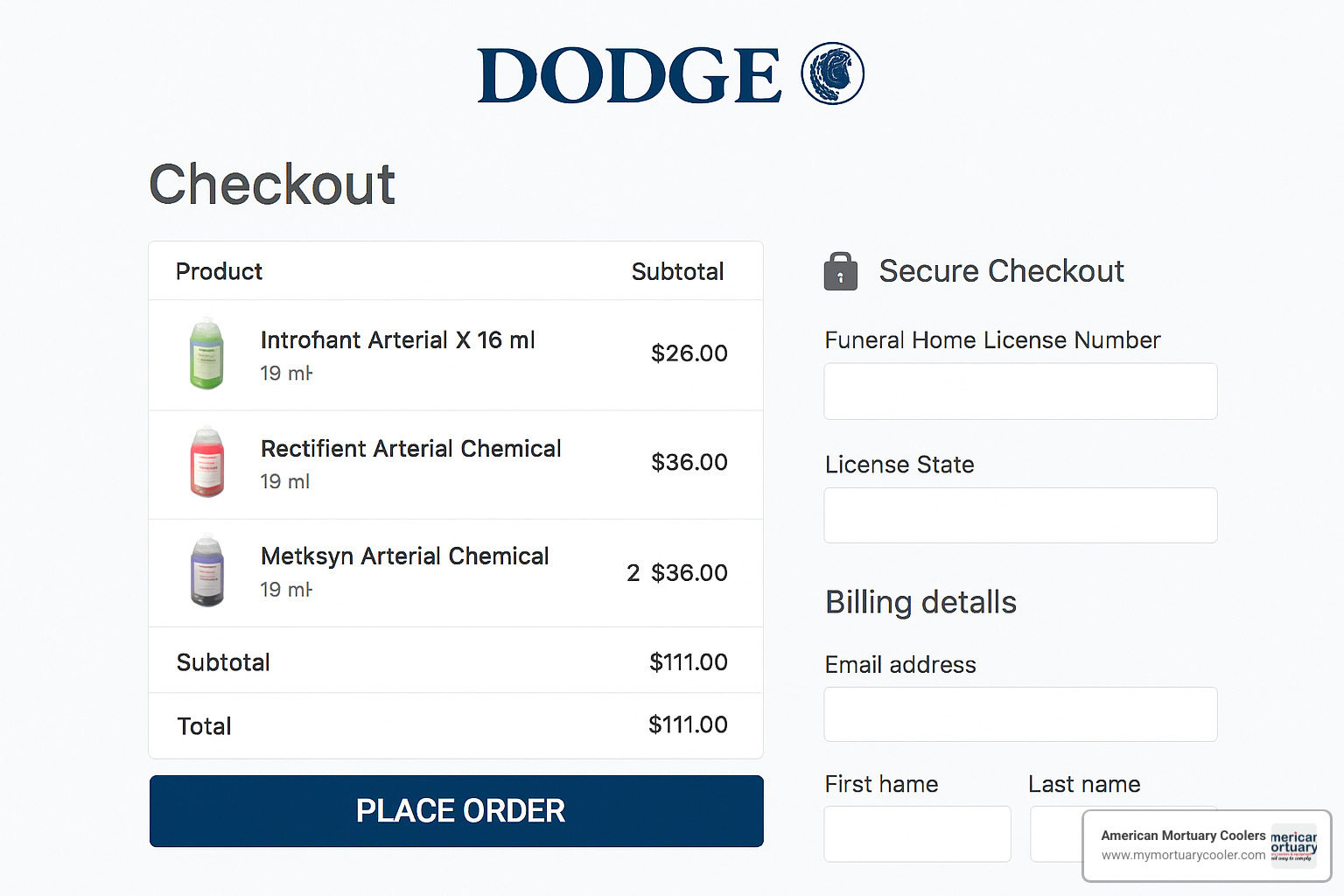Dodge web checkout page - dodge embalming fluid