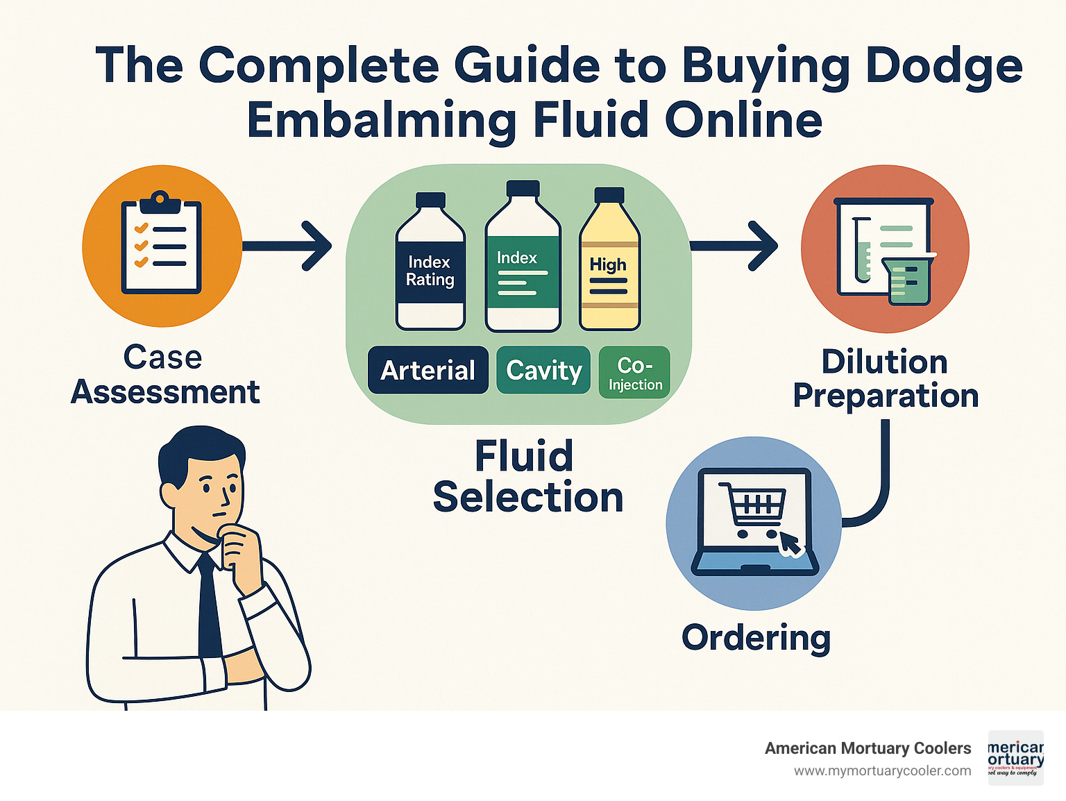 Comprehensive guide showing dodge embalming fluid selection process from case assessment through product ordering, including fluid types, index ratings, dilution charts, and online purchasing steps - dodge embalming fluid infographic 
