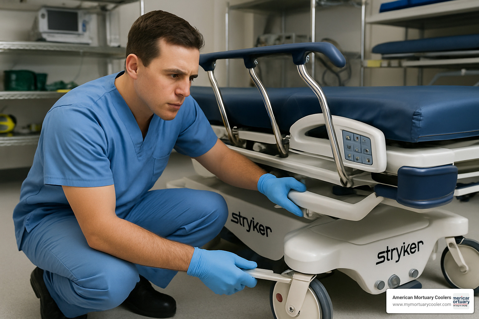 Technician performing detailed inspection of Stryker gurney, checking brake systems, side rails, and electronic components - stryker gurney for sale