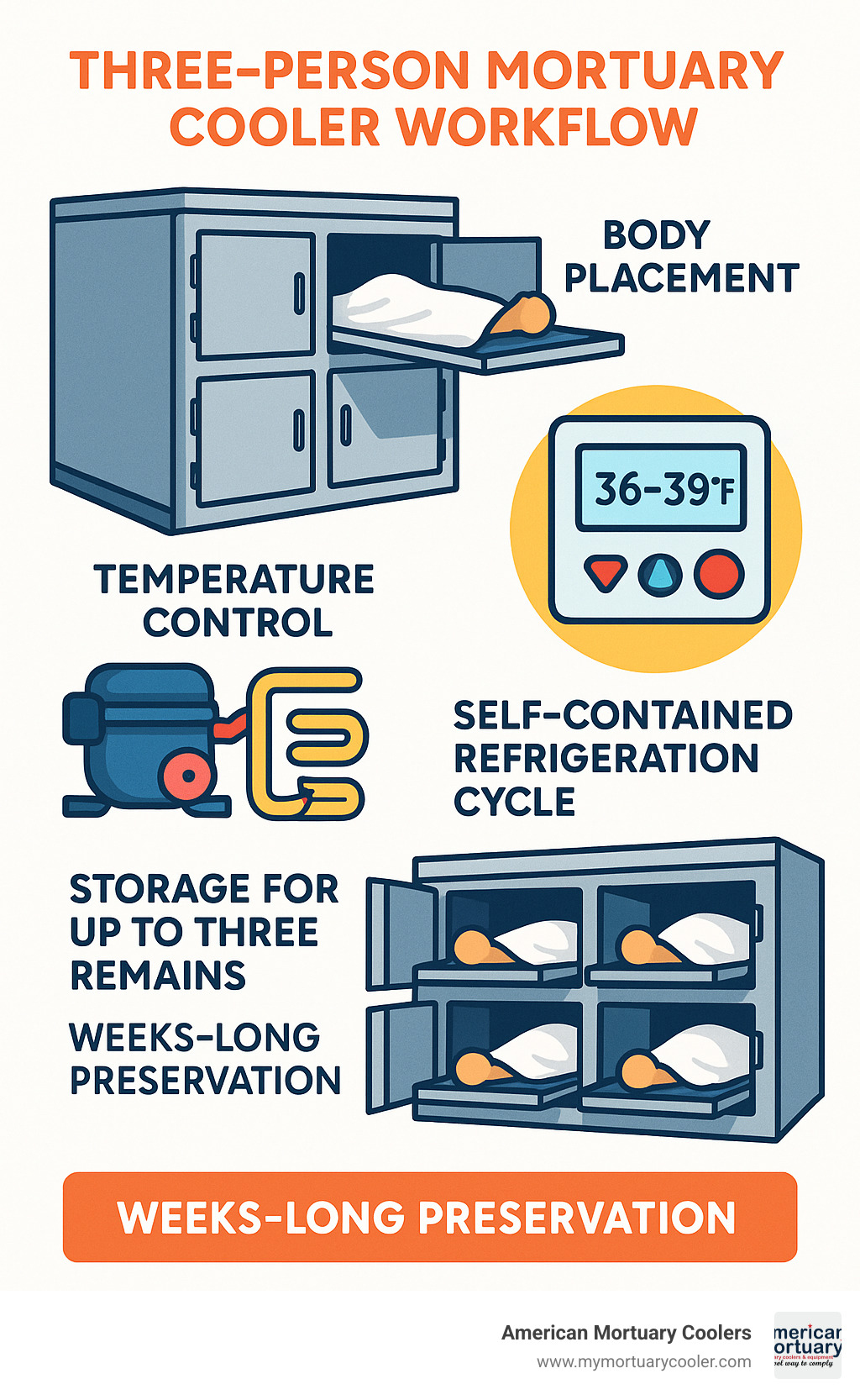 Infographic showing three-person mortuary cooler workflow: body placement on slide-out trays, temperature control system maintaining 36-39°F, self-contained refrigeration cycle, and storage capacity for up to three remains with weeks-long preservation capability - three-person-mortuary-cooler infographic 