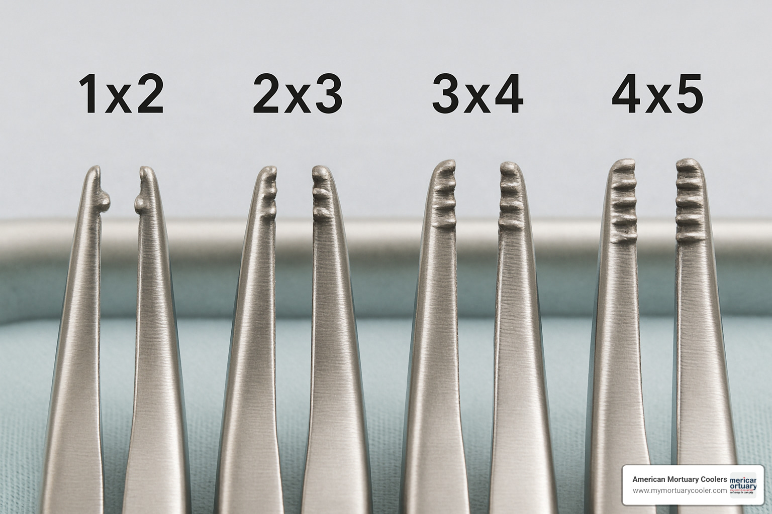 Different tooth patterns and configurations showing 1x2, 2x3, 3x4, and 4x5 arrangements with detailed close-up views - toothed forceps