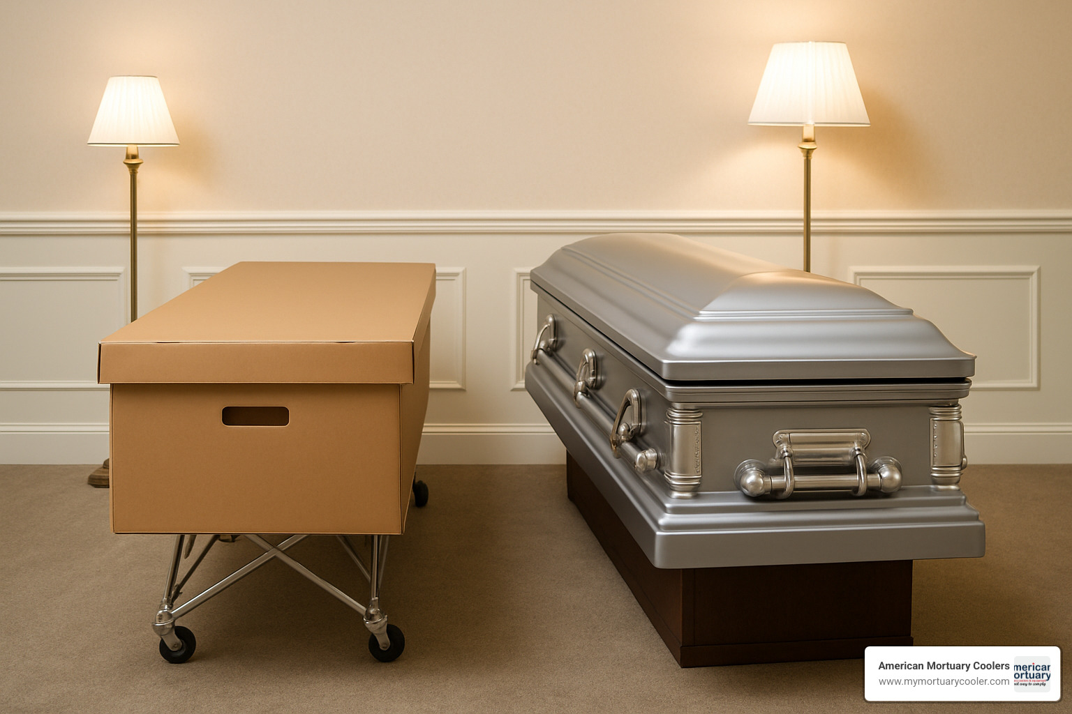 side-by-side photo of cardboard container vs. metal casket - alternative containers