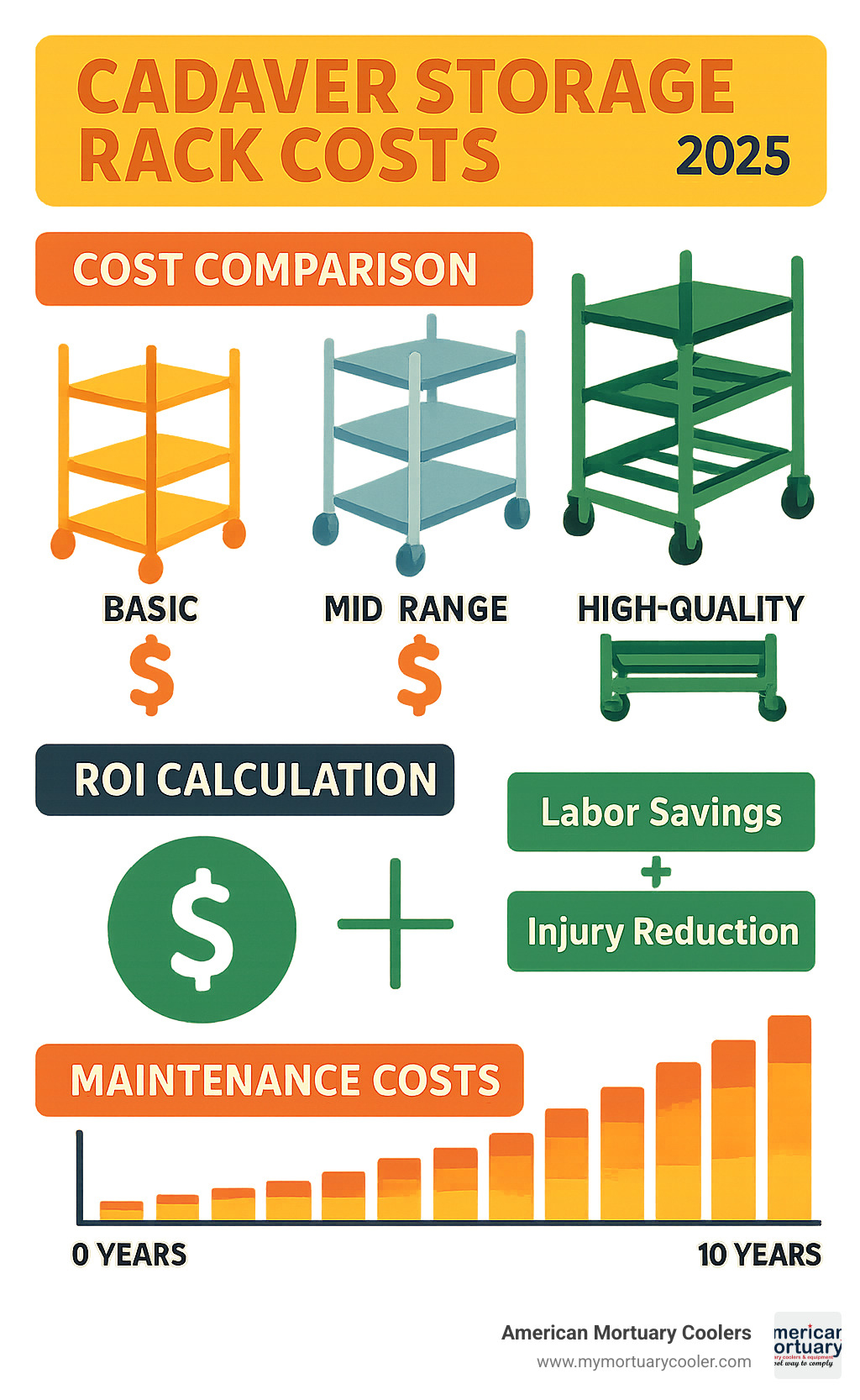 Infographic showing cost comparison between different rack systems, ROI calculations including labor savings and injury reduction, and maintenance cost breakdowns over 10-year periods - cadaver storage racks infographic 
