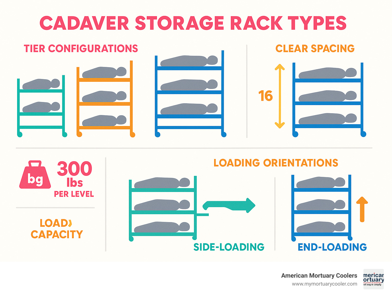 Infographic showing cadaver storage rack types with tier configurations, load capacities of 300 lbs per level, clear spacing measurements of 16 inches between tiers, and comparison of side-loading versus end-loading orientations with workflow arrows - cadaver storage racks infographic 