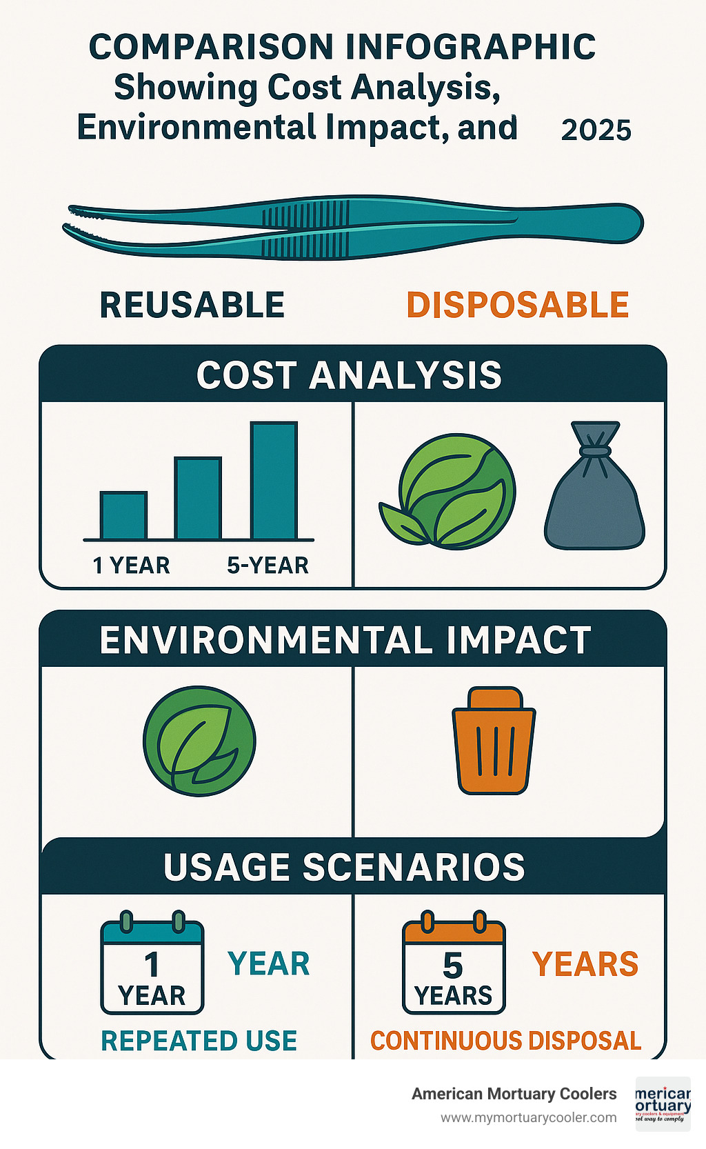 Comparison infographic showing cost analysis, environmental impact, and usage scenarios for reusable vs disposable toothed forceps over 1-year and 5-year periods - toothed forceps infographic 