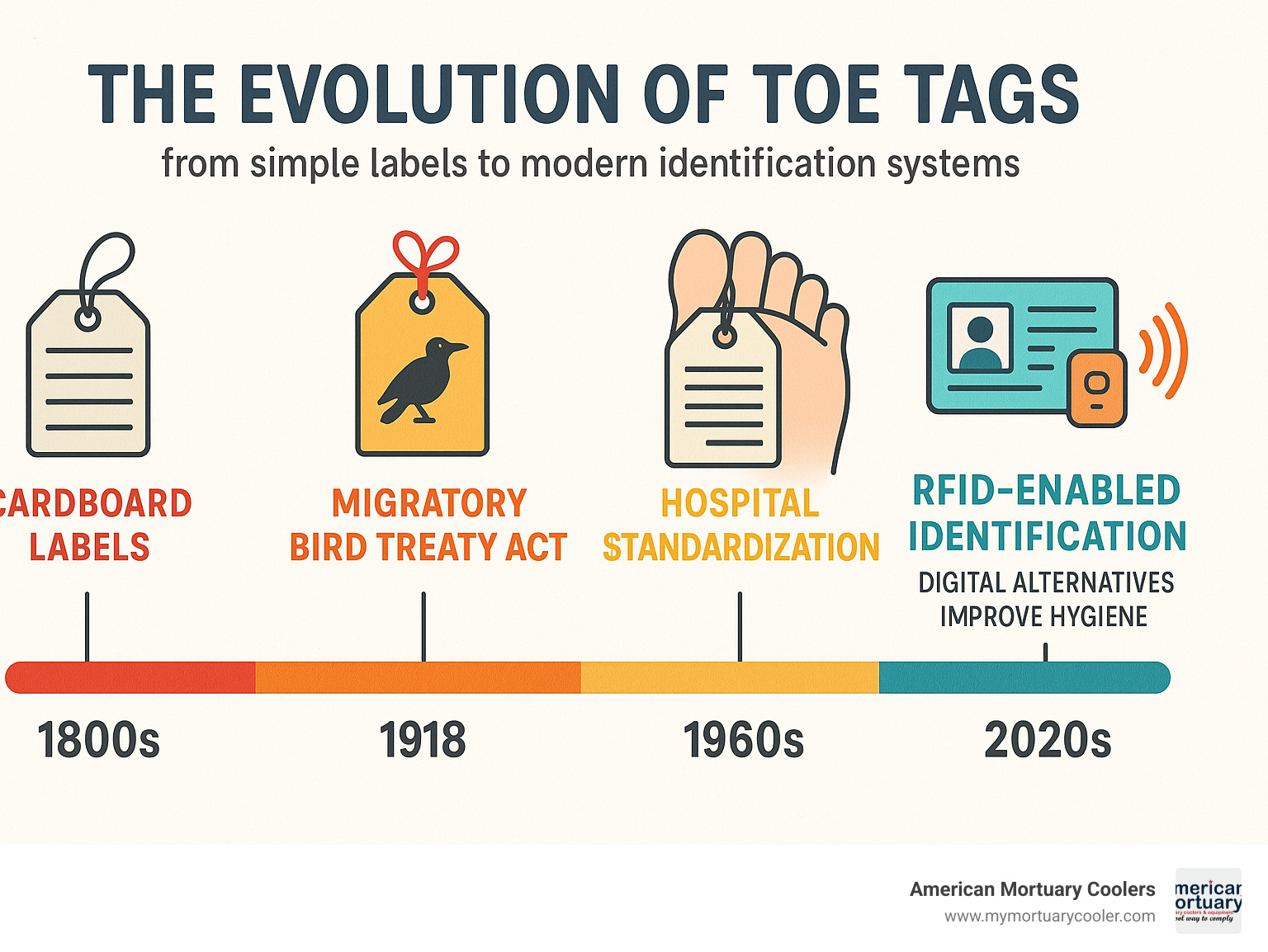 Infographic showing the evolution of toe tags from 1800s cardboard labels to modern RFID-enabled identification systems, including key milestones like the 1918 Migratory Bird Treaty Act, 1960s hospital standardization, and 2020s digital alternatives with hygiene improvements - toe-tags- infographic 