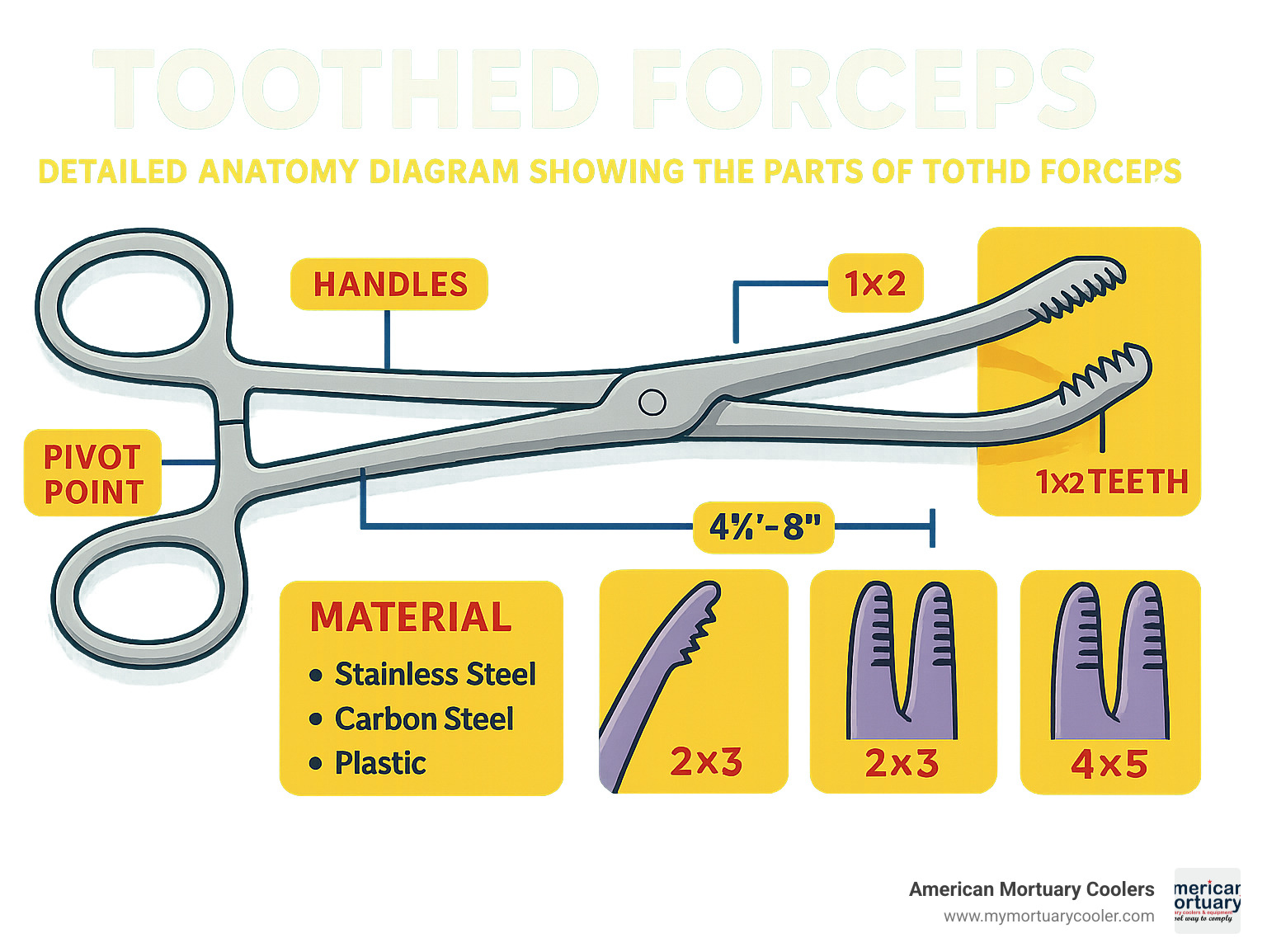 Detailed anatomy diagram showing the parts of toothed forceps including handles, pivot point, jaw tips, and various tooth configurations with measurements and material specifications - toothed forceps infographic 