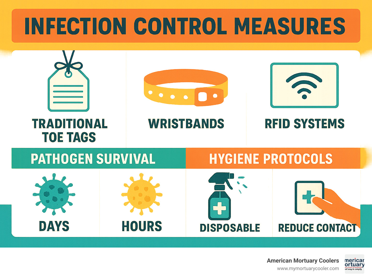 Infographic comparing infection control measures between traditional toe tags, wristbands, and RFID systems, showing pathogen survival times and hygiene protocols - toe-tags- infographic 