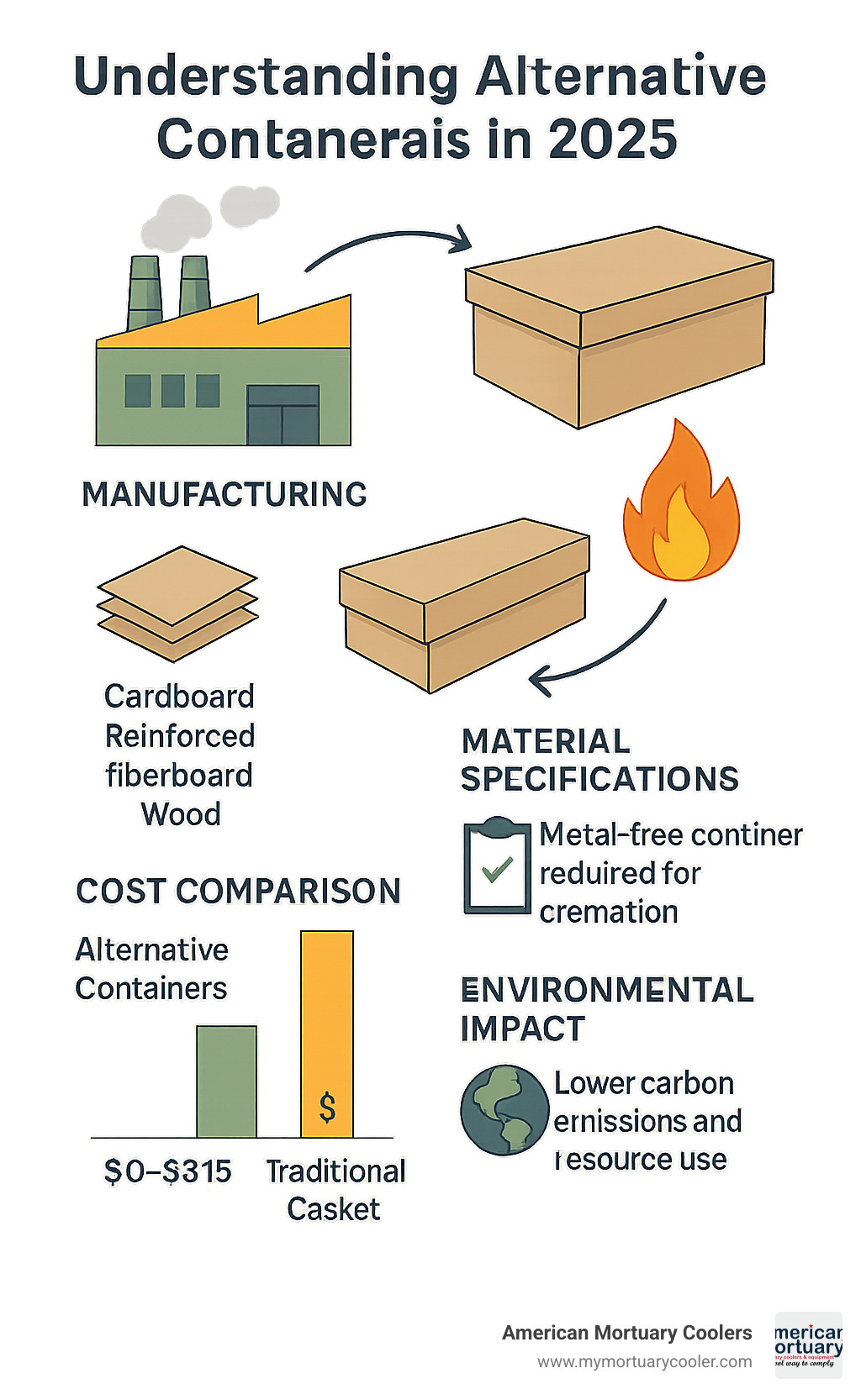 Comprehensive guide showing the lifecycle of alternative containers from manufacturing through cremation, including material specifications, regulatory requirements, cost comparisons with traditional caskets, and environmental impact data - alternative containers infographic 